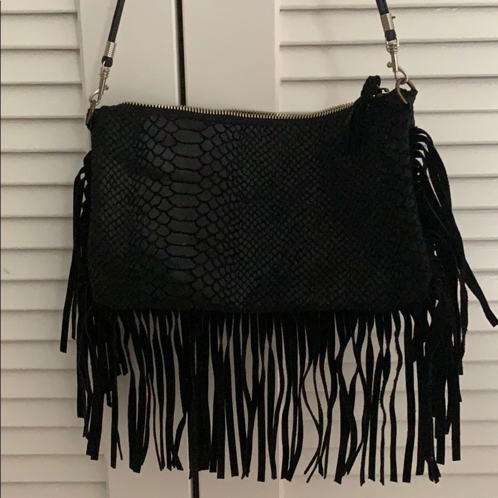 black leather crossbody bag with fringe